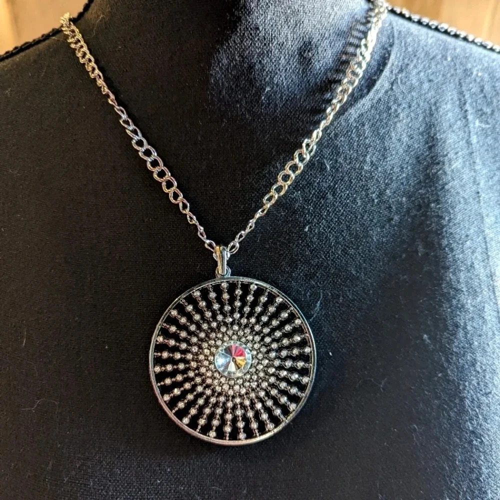 Statement Necklace- Rhinestone-Long Chain-Handmade-Silver tone-Starburst Pendant